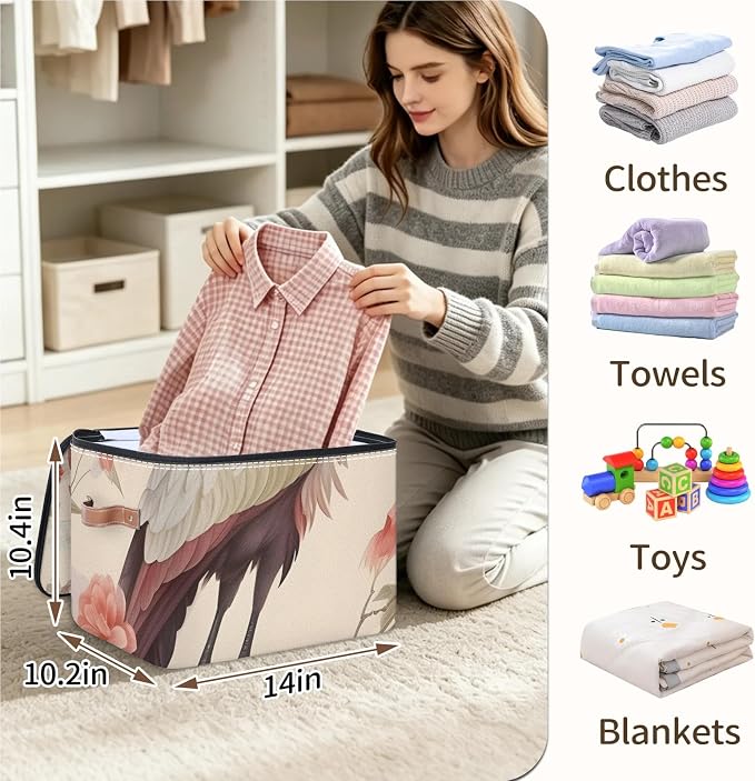 Japanese Crane Floral Foldable Storage Bin with Lid Zipper | Closet Shelf Organizer, Boxes, Basket Containers for Home, Lidded Storage Cube for Bedroom, Waterproof, with Handles