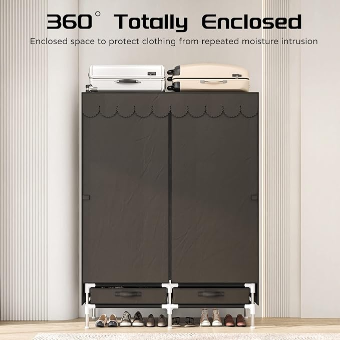 Portable Wardrobe Closet for Bedroom, Small Storage Organizer with 2 Drawers and 2 Hanging Rods, Includes Dust Cover.(Brown, 39.3 in)