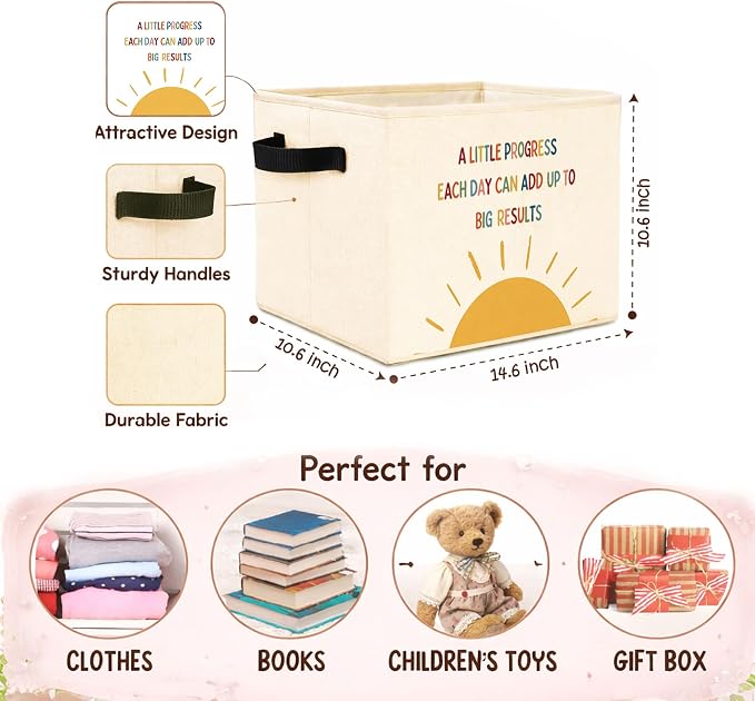 Progress Sun Foldable Fabric Storage Bin | A Little Progress Each Day sun pattern design; foldable fabric storage bin for kids room, nursery, toys, books, clothes.