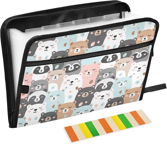 Cute Little Bears Expanding File Folder with Sticky Labels, 13 Pockets Accordion File Folder Document Organizer Expandable Zip File Folder with Zipper Closure