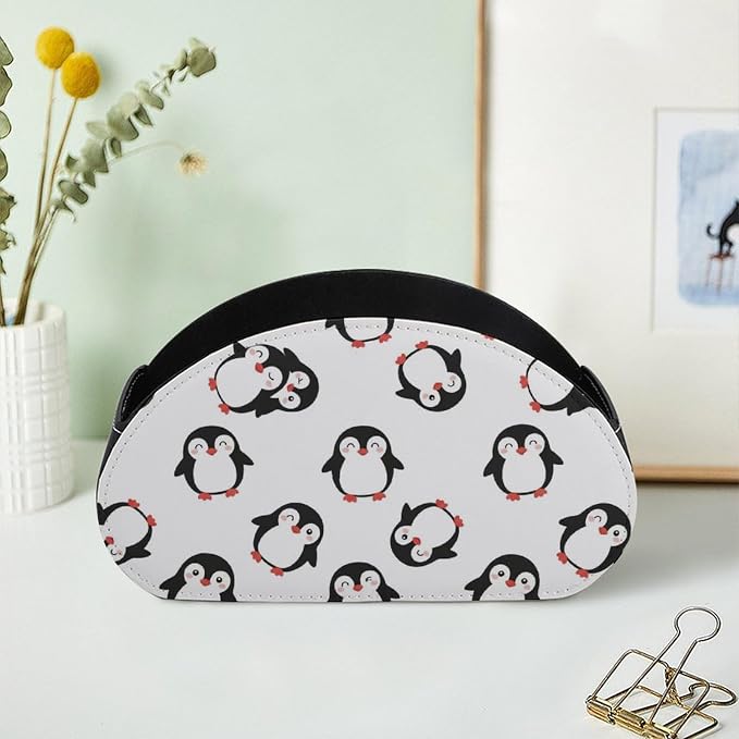 Pu Leather Remote Control Holder Cute Penguins 5 Slot Desk Caddy Box | Cute Penguins Office Desktop Storage Organizer for Controller, Media Player, Stationery Supplies