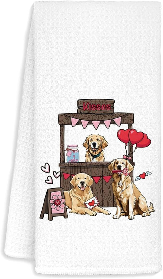Jvpke Golden Retriever Valentines Day Gifts for Her Him Kids, Golden Retriever Kisses Valentines Day Decoration Hand Towel for Kitchen Bathroom, 16x24 in