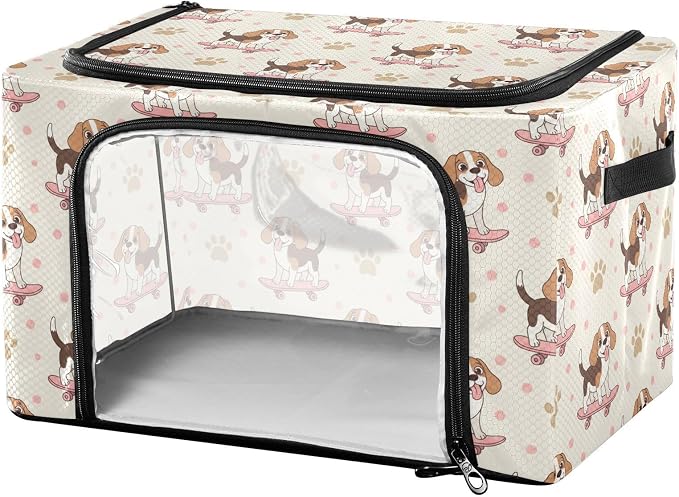 Cute Pets Dog Beige pattern Under Bed Storage Containers with Double Zipper Openings, Foldable Clothes Storage Bins with Clear Window and Handles for Bedding Comforters Blankets