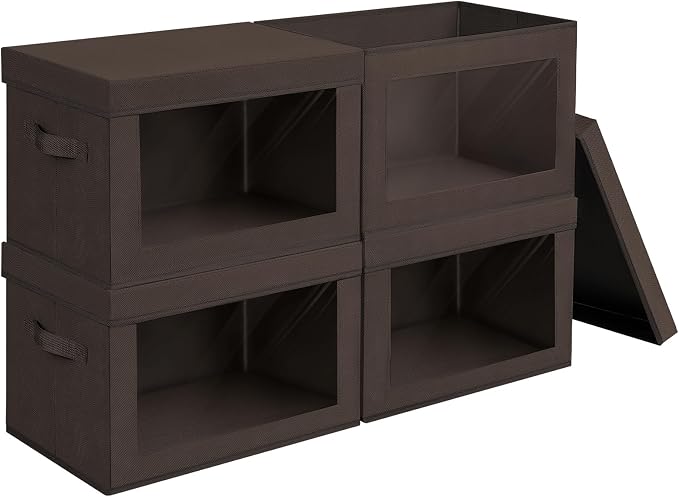Stackable Storage Bins with Lids - Large Storage Box with Lids, Foldable Closet Boxes for Organizing, Wardrobe Clothes Organizer with Window, Cubes Bins for Living Room, 4 Pack, Brown