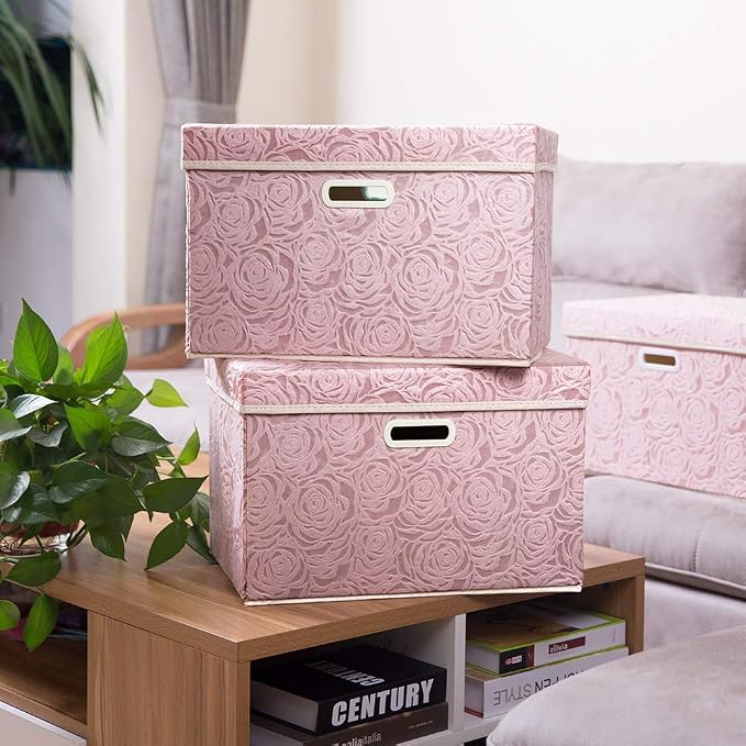 Larger Collapsible Storage Bin with Lid [1-Pack] Fabric Decorative Storage Box Cube Organizer Container Baskes with Handles Divider for Bedroom Closet Living Room Pink 17.7x11.8x11.8 Inch