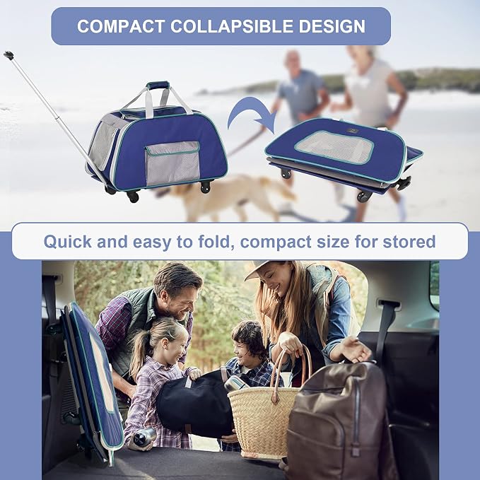A 4 Pet Foldable Dog Carrier on Wheels, Up to 33 lbs, Navy Blue | Removable base, extendable handle, 4-wheel design, mesh ventilation, safety rope