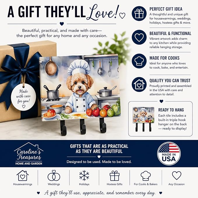 Caroline's Treasures Maltipoo The Chef Leash or Key Holder Wall Hooks, Key Hooks Holder, Coat Rack Wall Mount, Coat Hooks, Hooks for Hanging Keys, Towels, Aprons, Leashes | Maltipoo The Chef artwork on ceramic tile with three steel hooks for keys, leas...
