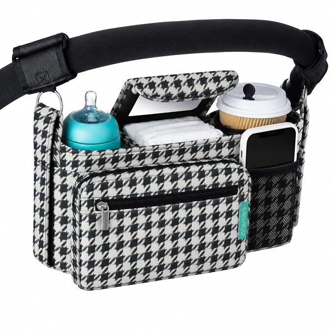 Stroller Organizer Non Slip Straps Stroller Caddy With Cup Holder, Stroller Bag for Phone, Pet Stroller Accessories, Universal Fits Uppababby Vista v2 Wonderfold Wagon, Doona and More (Houndstooth)