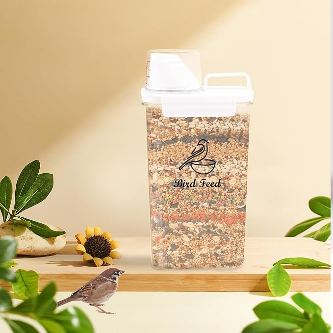 Bird Seed Storage Container Airtight | 3 Qt/2.5 L Clear Plastic Bird Food Container Portable-with Measuring Cup/Lid|Pet Food Storage Container |Wild Bird Seed Dispenser|BPA Free