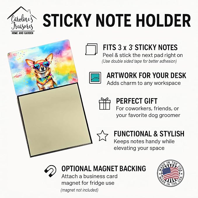 Caroline's Treasures Chihuahua Hippie Dawg Sticky Note Holder Refillable Dispenser Self-Sticky Note Pads, Memo Pads Blank Desk Accessories