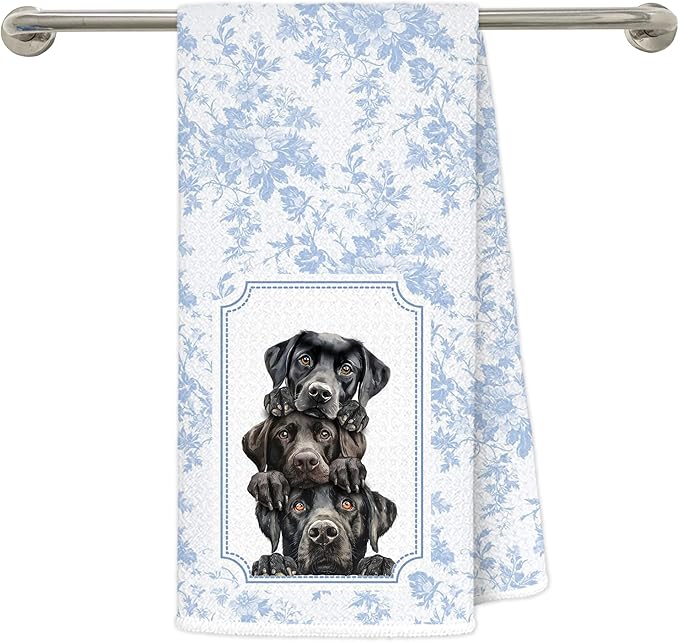 Blue and White Chinoiserie Black Labrador Retriever Kitchen Towels 16x24 in, Black Lab Gifts, Grandmillennial Toile De Jouy Floral Dog Decorative Hand Tea Dish Towels for Bathroom Kitchen