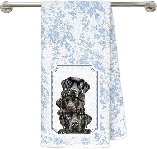 Blue and White Chinoiserie Black Labrador Retriever Kitchen Towels 16x24 in, Black Lab Gifts, Grandmillennial Toile De Jouy Floral Dog Decorative Hand Tea Dish Towels for Bathroom Kitchen