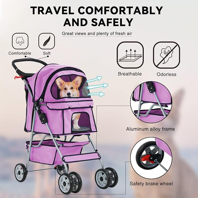 Dog Cat Stroller 4-Wheel pet Running cart, Foldable Waterproof pet Stroller with Cup Holder and Removable Lining, Suitable for Small Pets Suitable for Small and Medium-Sized pet Accessories (Pink)