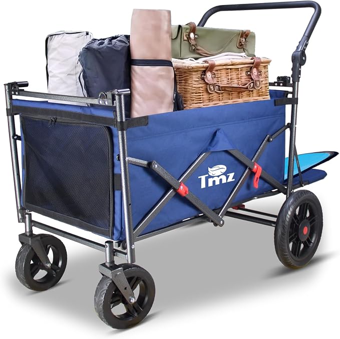 TMZ Collapsible Wagon Cart, Folding Utility Wagon with Breathable Fabric, Canopy, Expandable Storage, Adjustable Handle, Brake, Heavy Duty Cart for Walking & Camping (Blue)