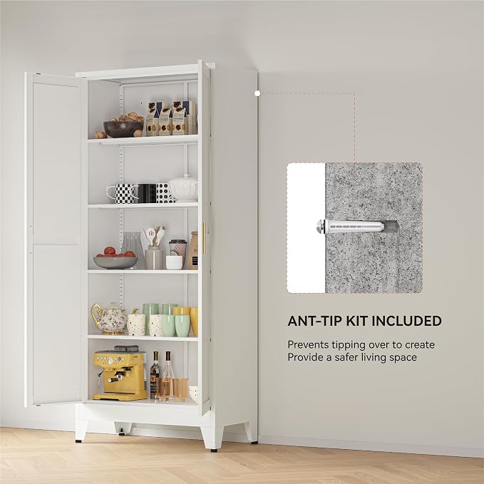 YAUWOH 71''Metal Cabinet with 4 Adjustable Shelves,5-Tier Pantry Storage Cabinet,Kitchen Pantry Cabinet for Living Room,Dining Room, (1PC,White)