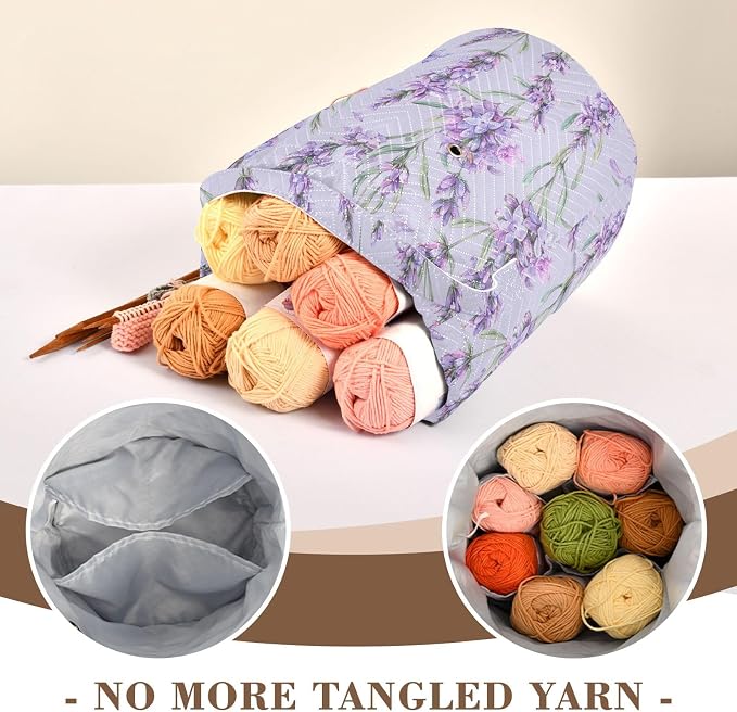 Fustylead Watercolor Vintage Lavender Flowers Knitting Crochet Bag, Portable Large Yarn Storage Drawstring Basket Organizer for Crocheting Hooks, Project, Store Skein Ball, Short Knitting Needle