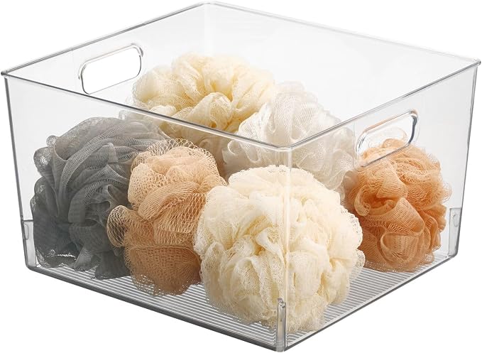 mDesign Large Modern Stackable Plastic Storage Organizer Bin Basket with Handles for Bathroom Vanity Organization - Shelf, Cubby, Cabinet, or Closet Organizing Decor - Ligne Collection - 4 Pack, Clear