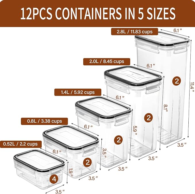 PRAKI Airtight Food Storage Containers with Lids, 12PCS Plastic Kitchen Storage Containers for Pantry Organizers and Storage - Cereal, Rice, Flour and Sugar Containers with Labels & Marker | Kitchen Storage Containers for Pantry Organizers and Storage ...