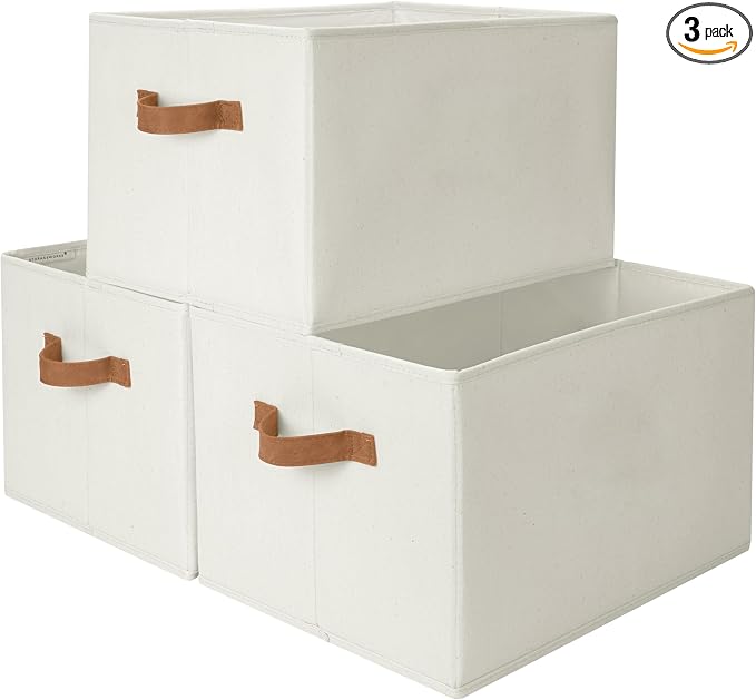 StorageWorks Closet Storage Bins with PU Handles, Ivory White, Extra Large | Foldable Storage Bins with PU Handles, Closet Storage Baskets, Fabric Bins for Clothes Storage