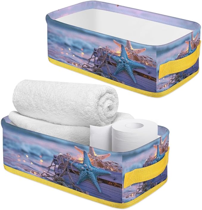 Starfish Beach Lights Bathroom Storage Basket, Foldable with Handle Open Countertop Paper Towel Decorative Box, Toilet Tank Top Shelf Baskets for Home Closet Bedroom Living Room Office