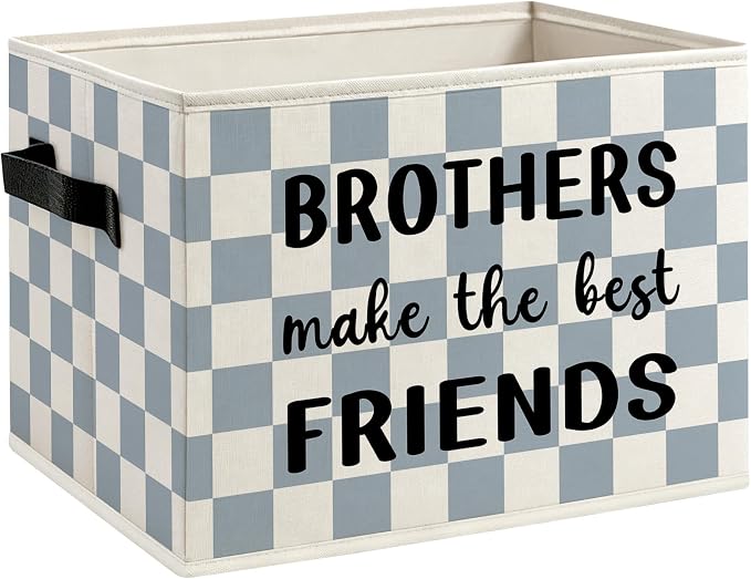 Brothers Make The Best Friends Boys Foldable Storage Bins Box with Handles, Blue and White Checkered Decorative Storage Boxes Baskets Organizer for Kids Boys Room Bedroom Playroom Bathroom