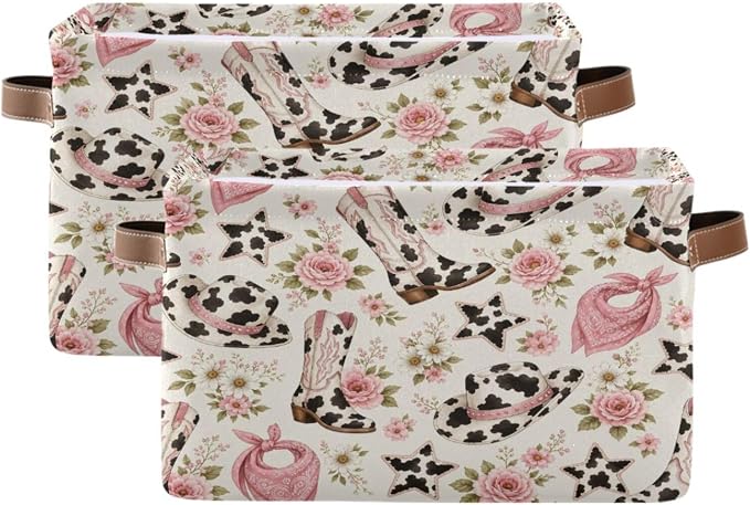 Kigai Storage Basket, Fabric Collapsible Closet Organizer Bin | Western Print Waterproof Foldable Canvas Basket with Handles for Shelves, Nursery, Closet, Bedroom & Bathroom