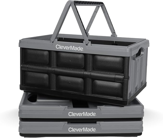 CleverMade Collapsible Shopping Basket, 32L Storage Crate, 3 Pack, Stone | Carry Bigger Grocery Hauls with Confidence | Rigid Walls Hold 35 lb, While Top and Side Handles Balance the Load