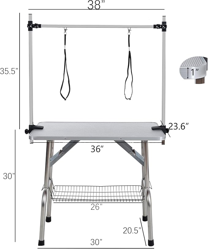 36" Pet Dog Grooming Table, Foldable Stainless Steel Frame Pet Drying Grooming Table Up to 330lbs, Professional Bathing Desk for Dogs at Home with Adjustable Overhead Arms, Noose, Mesh Tray, Silvery