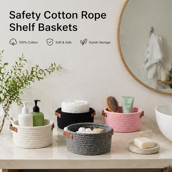 Small Woven Basket, Mini Cotton Rope Storage Basket with Leather Handle | Tiny Decorative Round Storage Bin, Cute Empty Gift Baskets for Organizing, Toy Organizer for Nursery, Boho Room Decor