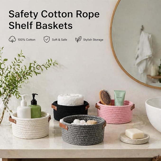 Small Woven Cotton Rope Basket with Leather Handle, Grey | Mini Round Storage Basket, Empty Gift Basket, Nursery Toy Organizer, Decorative Shelf Bin, Boho Room Decor