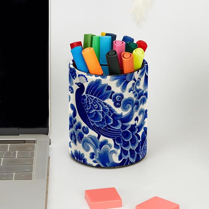 Faux Leather Pen Holder for Desk, Pencil Organizer Blue Peacock Pen Cup Desk Decor Makeup Brush Holder Storage for Office Home