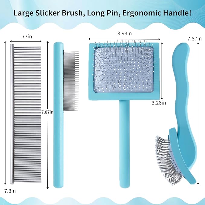 Gently Grooming Slicker Brush with Coated Tips for Long-Haired Dogs-Ergonomic Wooden Handle, Long Pins for Grooming Goldendoodles Poodles Blue