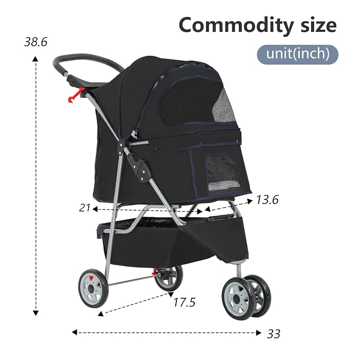 FDW | 3-Wheel Foldable Pet Stroller | Black | Lightweight & Portable | Travel Carrier with Mesh Windows, Storage Basket, Safety Brakes, Washable Liner and Waterproof Fabric | For Small Dogs & Cats
