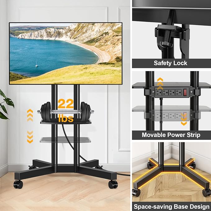 Rolling TV Stand with Power Outlet for 32-75 Inch TVs up to 88 lbs | Portable TV Stand on Wheels and Height Adjustment, Outdoor TV Stand with Shelf for Bedroom, Office, Max VESA 400x400mm