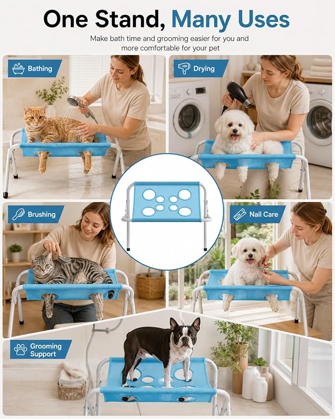 Cat Grooming Hammock,Foldable Pet Table For Dogs Home,Dog Bath Stand | Painted Iron Frame,Soft Breathable Sling,Secure Restraint,Portable Design,Small Breeds,Nail Care,Washing Support(Pink)