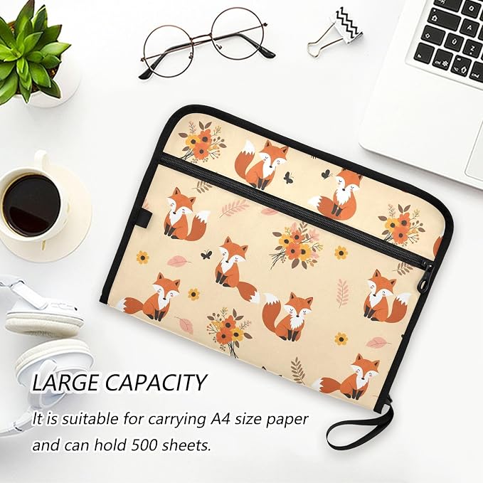 13 Pocket Zipper Expanding File Folder A4 Cartoon Fox Animal | Accordion File Organizer with Front Pouch A4 Letter Size Portable Folders for Documents Receipt School Office Supplies