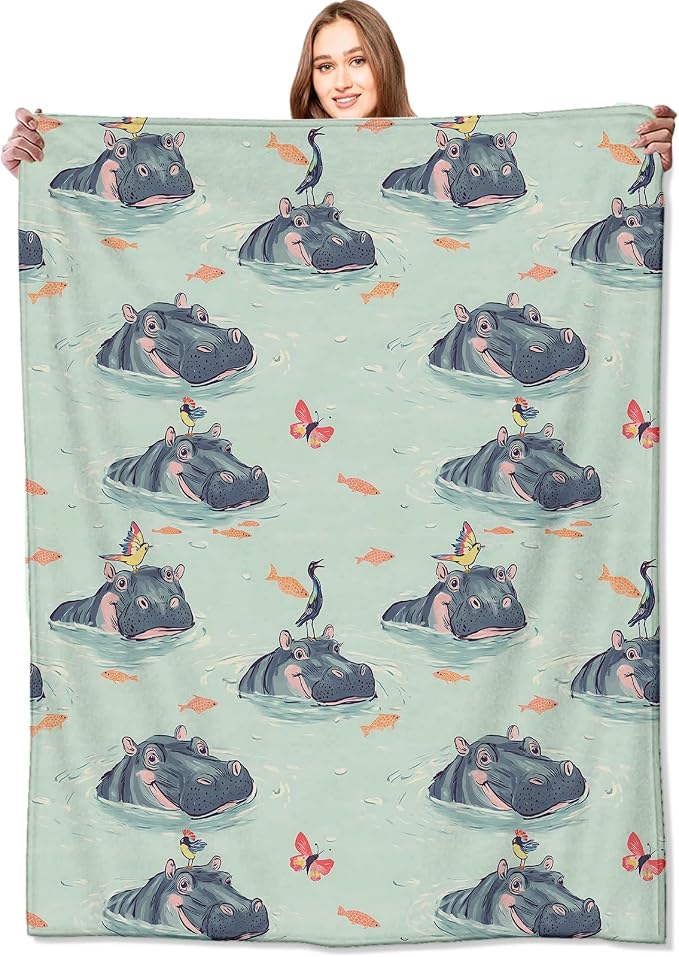 Hippo Blanket,50x60in,Cute Whimsical Water Scene Butterfly and Bird Throw Blankets,Gifts for Kids Adult & Animal Lovers, Lightweight Soft Fleece,for Sofa Couch Bed Room Modern Decor