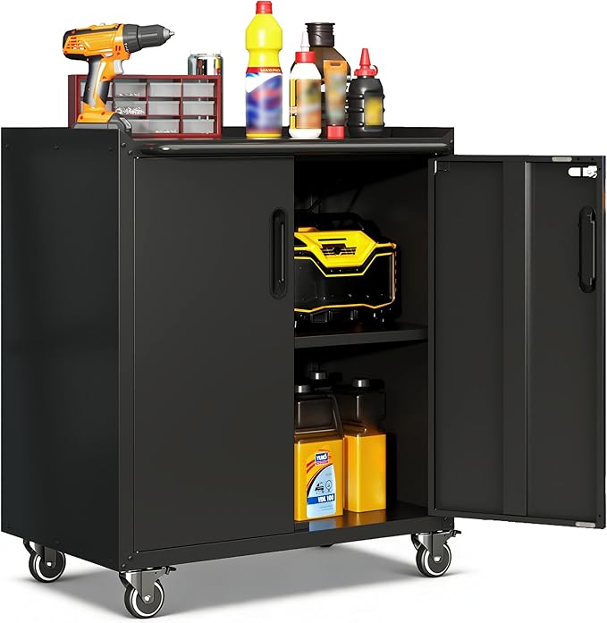Garage Cabinets,Metal Garage Storage Cabinet with Wheels,Black Lockable Rolling Tool Cabinet with Drawer and Adjustable Shelves,Heavy Duty Tool Chest for Home Office Utility Room