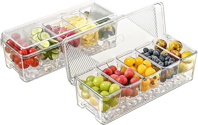 Large Chilled Condiment Caddy,Stackable Chilled Condiment Containers Server with Lids for 5 Removable Compartments (5 Containers, 2 pack)