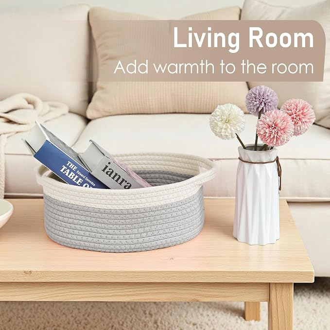 JMvicyroam Small Woven Basket, Empty Gift Basket, White&Grey/2 Pack | Small Gift Basket, Cotton Rope, 12 x 8 x 67 in, Handles, Includes Ribbon and Bag, Birthday Gift Basket