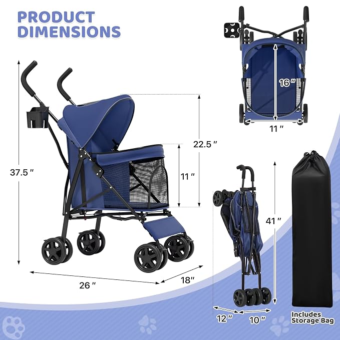 Magshion Compact Fold Pet Travel Stroller for Small Dogs Cats, Navy Blue | Up to 22lbs, 4-Wheel Lightweight Umbrella Shaped Design, Safety Tethers, Breathable Mesh, Cup Holder & Rear Storage