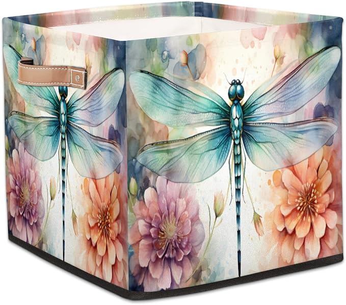 Floral Dragonfly Cube Storage Bin, 13 Inch Collapsible Fabric Storage Cubes Bin, Foldable Cube Baskets for Shelf, Closet, Organizer