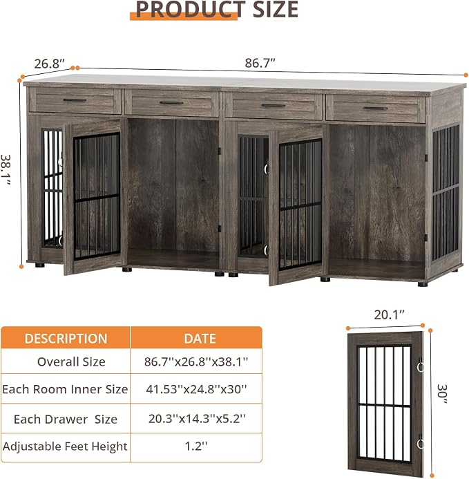 VOWNER 87" Dog Crate Furniture for 2 Dogs, Double Dog Cage Furniture, Grey | Extra Large Wooden Dog Kennel with 4 Drawer, Removable Divider, Furniture-Style TV Stand, XXL Dog Crate for Large Medium Dogs