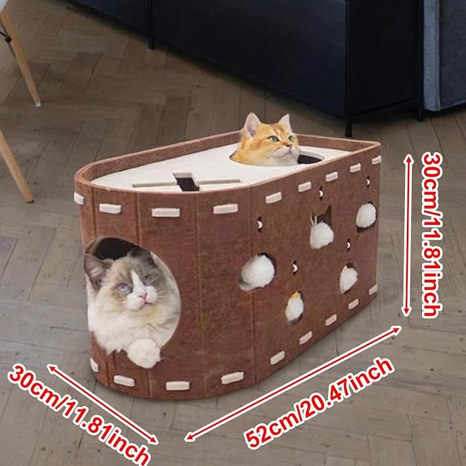 Cat House Scratch Condo Pet Toys Meal Claws Scratches with an Interactive Hole Felting Bed for Several Cats, Brown