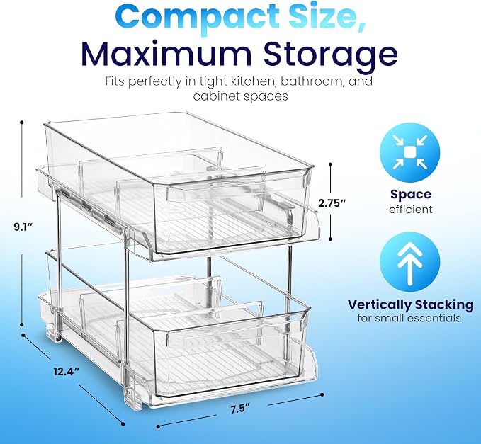 Masirs 2-Tier Clear Pull-Out Drawer Organizer - Sleek, Compact & Sturdy Makeup and Closet Organizer - Easy Assembly Kitchen Storage Solution, Ideal for Makeup, Tools, Medicines 4-Pack