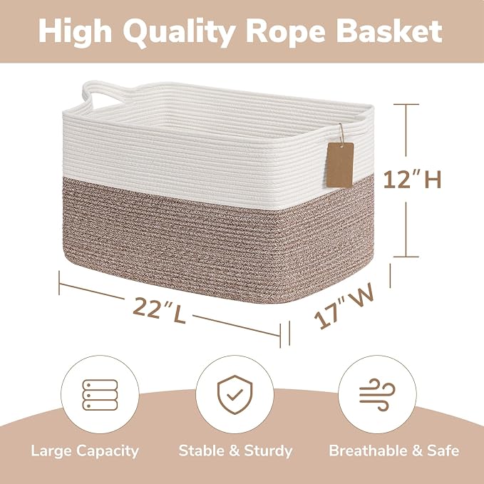 Goodpick 75L Extra Large Woven Rope Blanket Basket, Rectangle, Brown | 22" × 17" × 12" Decorative Storage Basket for Pillows & Clothes, Fits Living Room & Nursery Organization, Handles