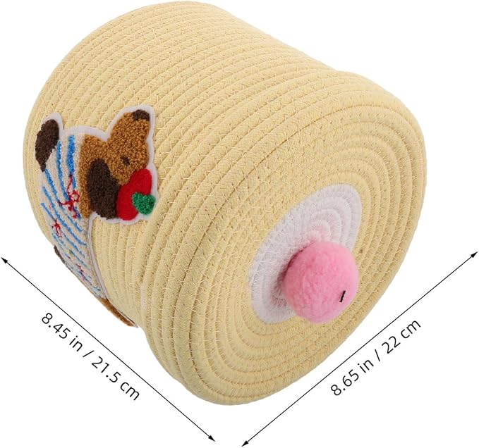 Unomor Cute Puppy Basket Car Storage Bin with Lid, Woven Cotton Rope Organizer for Dog and Pet Supplies, Dustproof Yellow Cover 22x19cm for Vehicle Interior