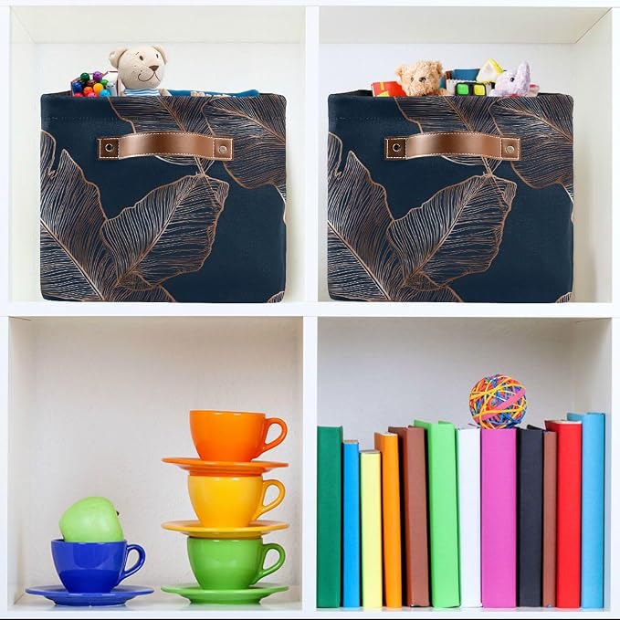 Large Foldable Storage Bin Gold Palm Leaves Navy Blue Fabric Storage Baskets Collapsible Decorative Baskets Organizing Basket Bin with PU Handles for Shelves Home Closet Bedroom Living Room-1Pack