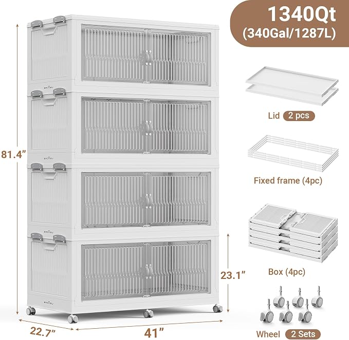 BROVIEW 1360QT Extra Large Stackable Storage Bins with Lid, 4Pack White | 340Gal Plastic Collapsible Cabinets Containers, Wheels & PET Doors, Foldable Closet Organizers Drawers for Office, Dorm
