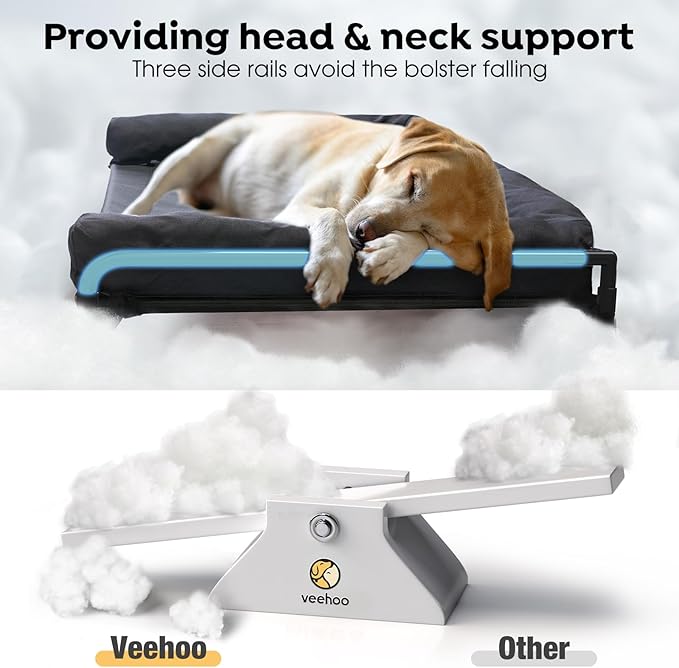Veehoo Outdoor Elevated Dog Bed-Cooling Raised Dog Cot for Large Sized Dogs | Three-Sided Fence Raised Pet Cot with Mesh & No-Slip Feet Dog Hammock Bed with Removable Bolster-47"x 29" Black